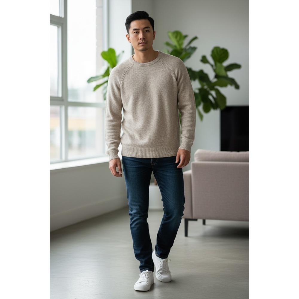 American Eagle Outfitters Men's Oatmeal Color Crewneck Sweater-Sz. L‎ Preppy